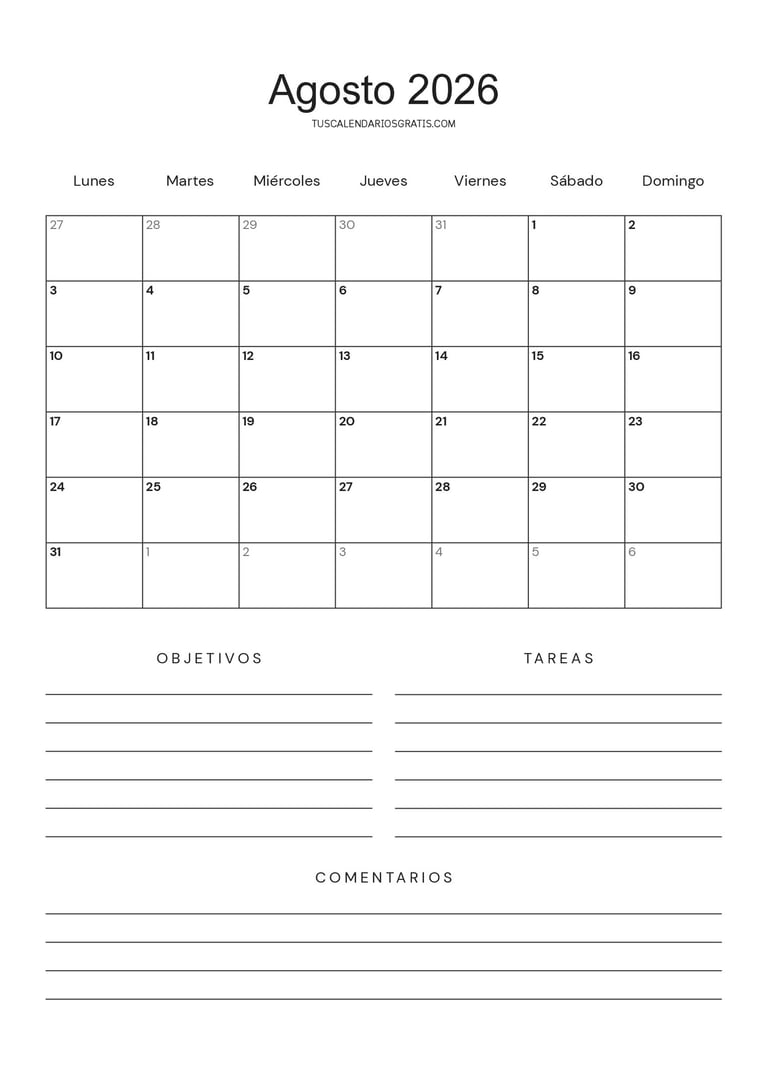 Calendario agosto 2026 minimalista para imprimir gratis con espacio para objetivos, tareas y planifi