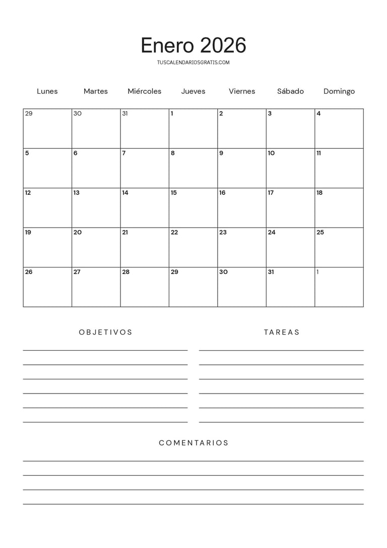 calendario mensual 2026 minimalista con espacio para objetivos y tareas para imprimir