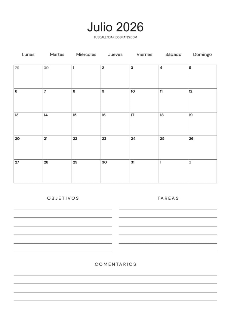 calendario julio 2026 minimalista para imprimir con objetivos y tareas diseño limpio organización me