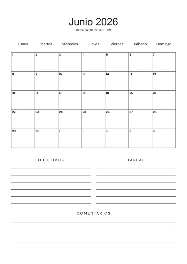 calendario junio 2026 minimalista para imprimir con espacios para objetivos tareas y comentarios org