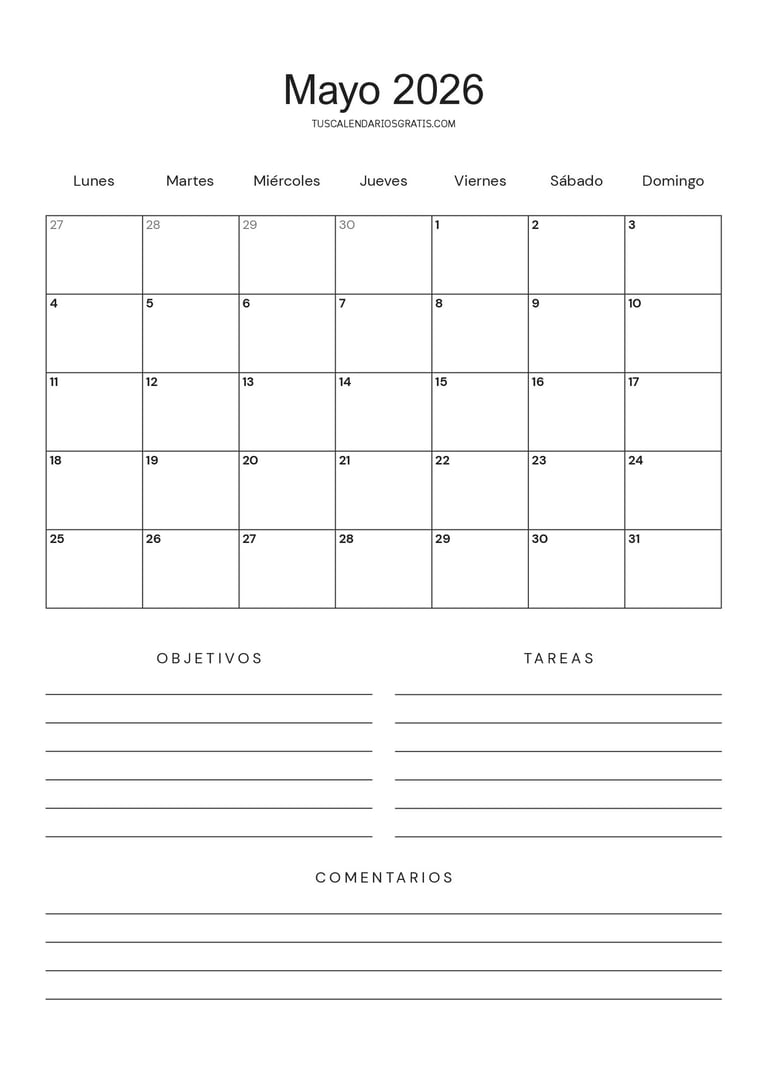 Calendario mayo 2026 minimalista para imprimir (especial productividad) con espacio para objetivos y