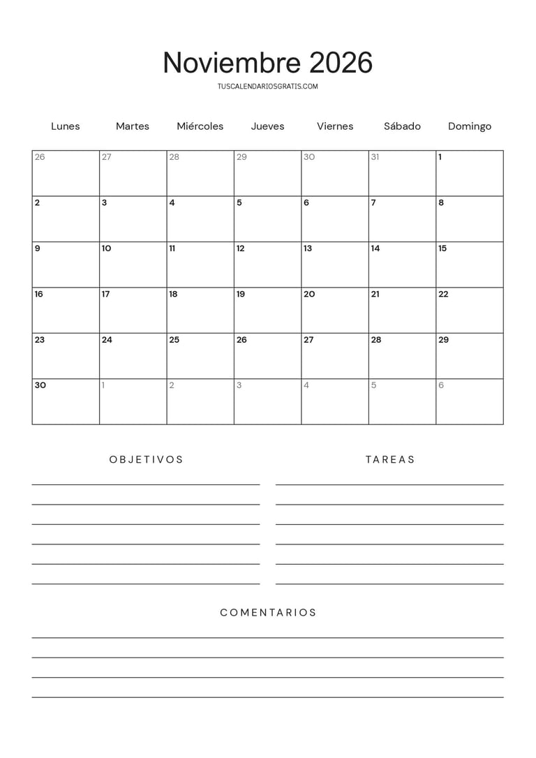 Calendario noviembre 2026 minimalista especial objetivos para imprimir gratis en tamaño A4 con diseñ