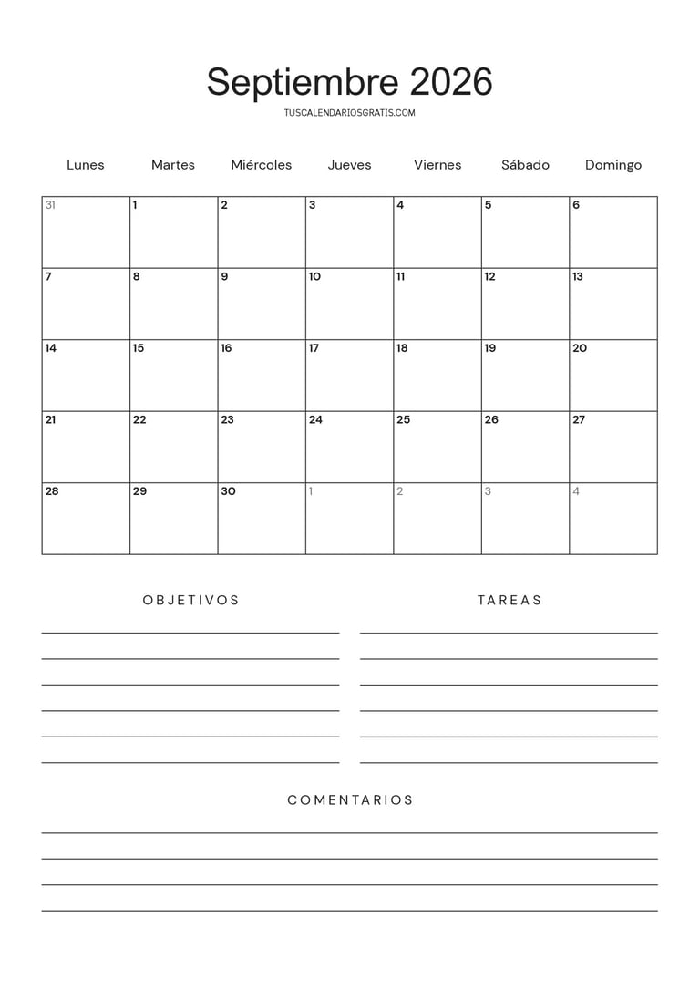 Calendario septiembre 2026 minimalista para imprimir gratis con espacio para objetivos, tareas, orga