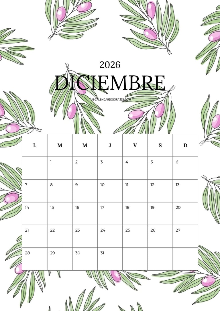 Calendario diciembre 2026 floral bonito y alegre para imprimir gratis