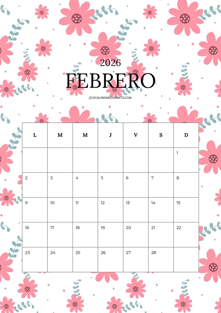 Calendario mensual de febrero 2026 floral bonito para imprimir