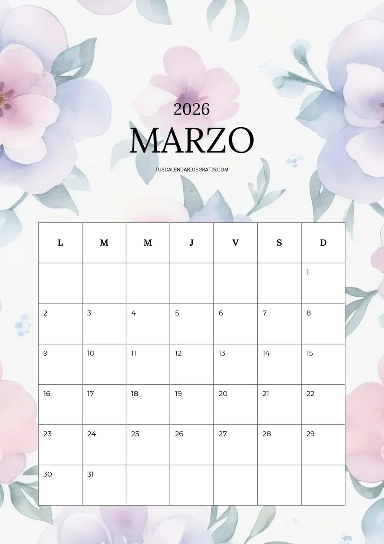 Calendario mensual de marzo 2026 floral bonito para imprimir