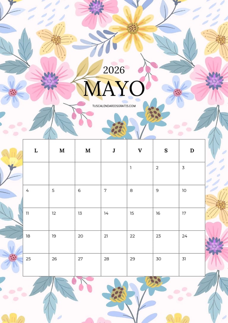 Calendario mensual de mayo 2026 floral bonito para imprimir