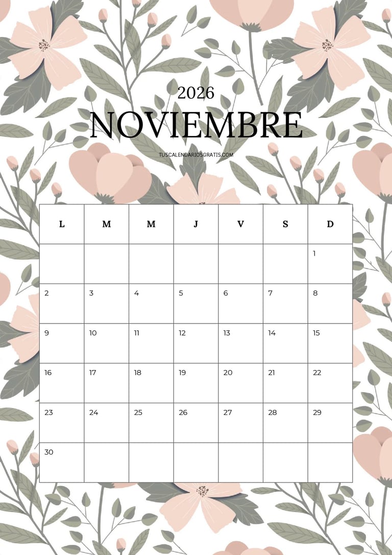 CAlendario noviembre 2026 floral bonito y alegre para imprimir gratis