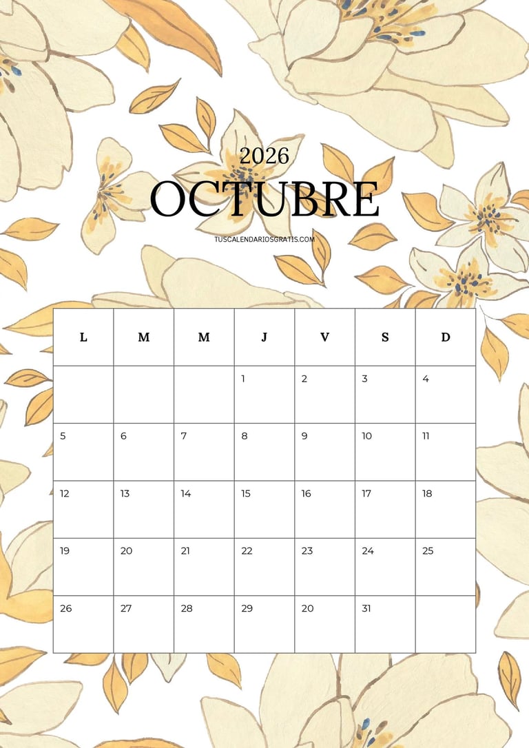 Calendario mensual de octubre 2026 floral bonito para imprimir gratis