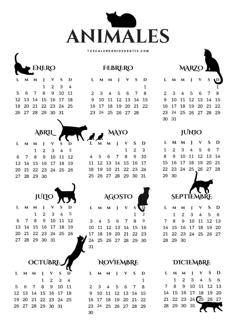 AClendario de animales con gatos en blanco y negro diseño elegante