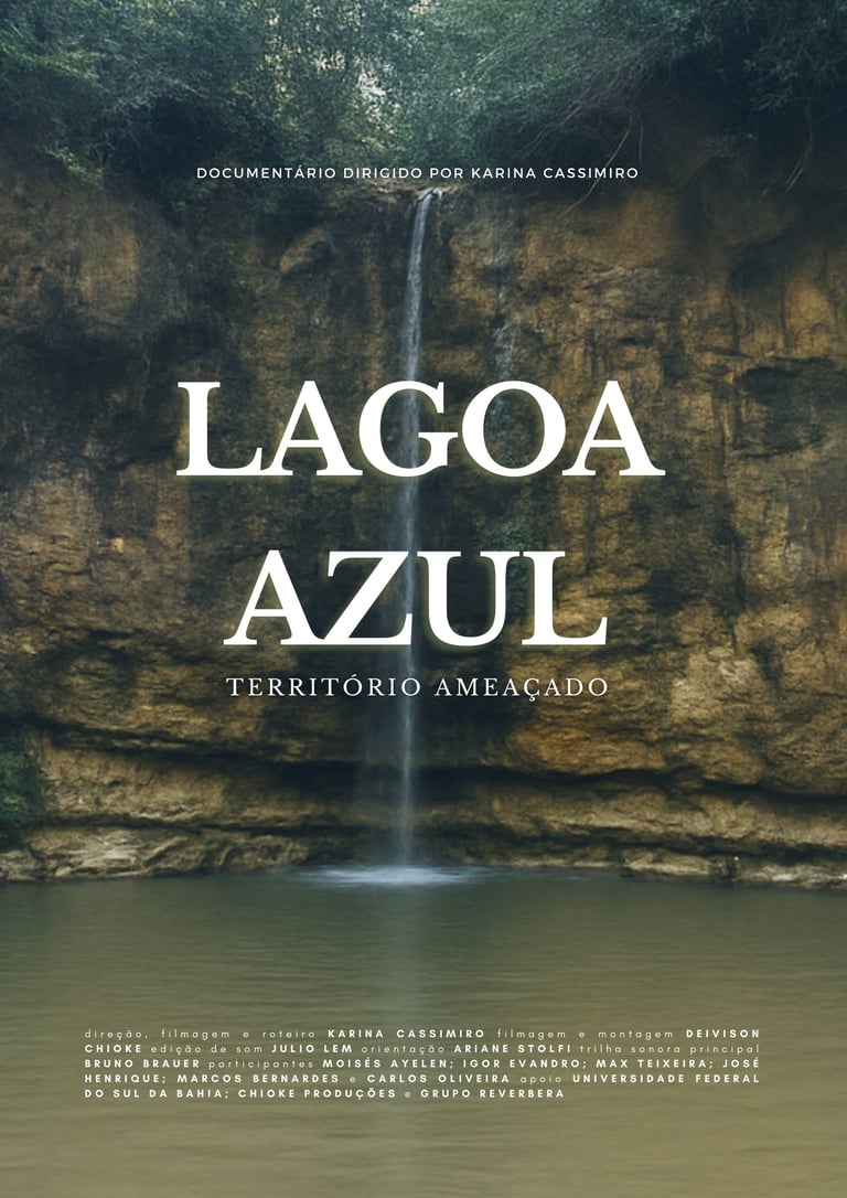 Cartaz de filme mostra uma lagoa com cachoeira, letras grandes Lagoa Azul