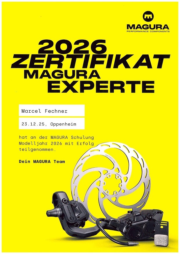 Official 2026 Magura Expert certificate for Marcel Fechner featuring bicycle disc brakes and components.