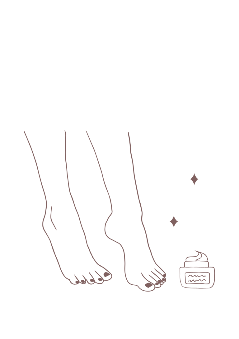 Illustratie van voeten met een crème pot, symbool voor verzorging en hydratatie.