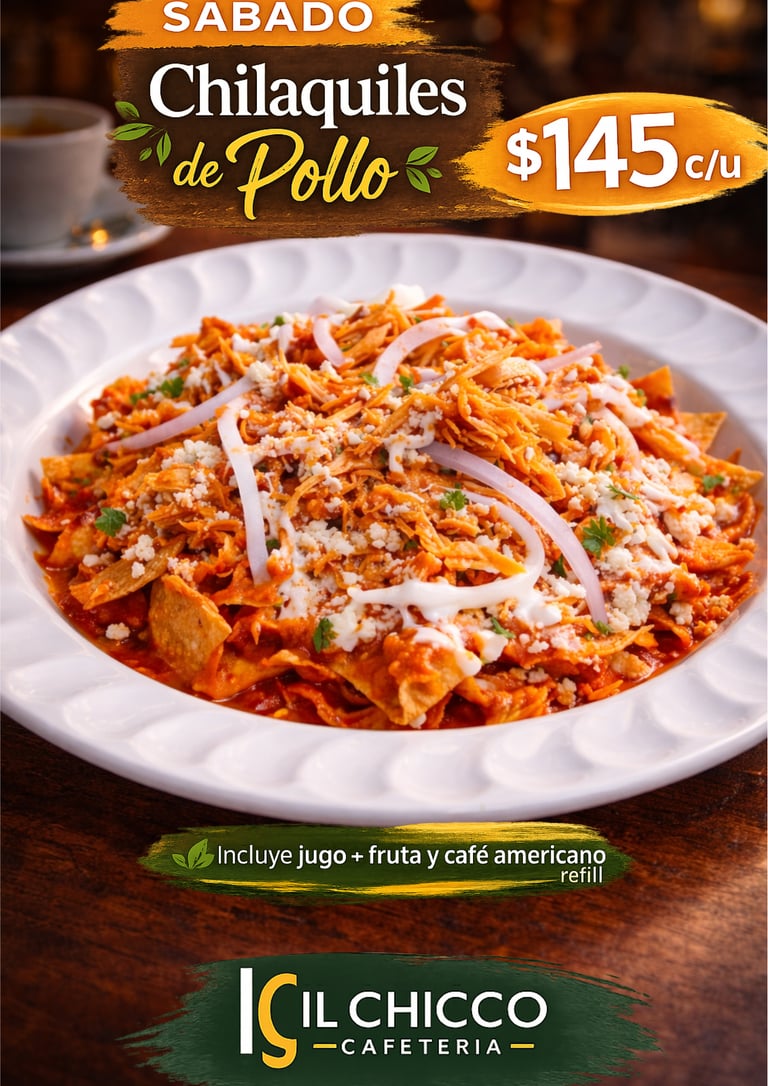 Chilaquiles de pollo en promoción en IL CHICCO servidos en plato con presentación fresca