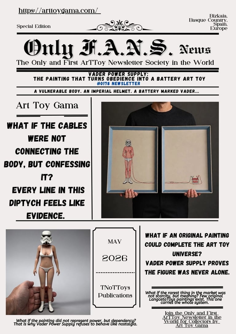 Only F.A.N.S. News art toy newsletter featuring Darth Vader power supply diptych paintings and Stormtrooper figures.