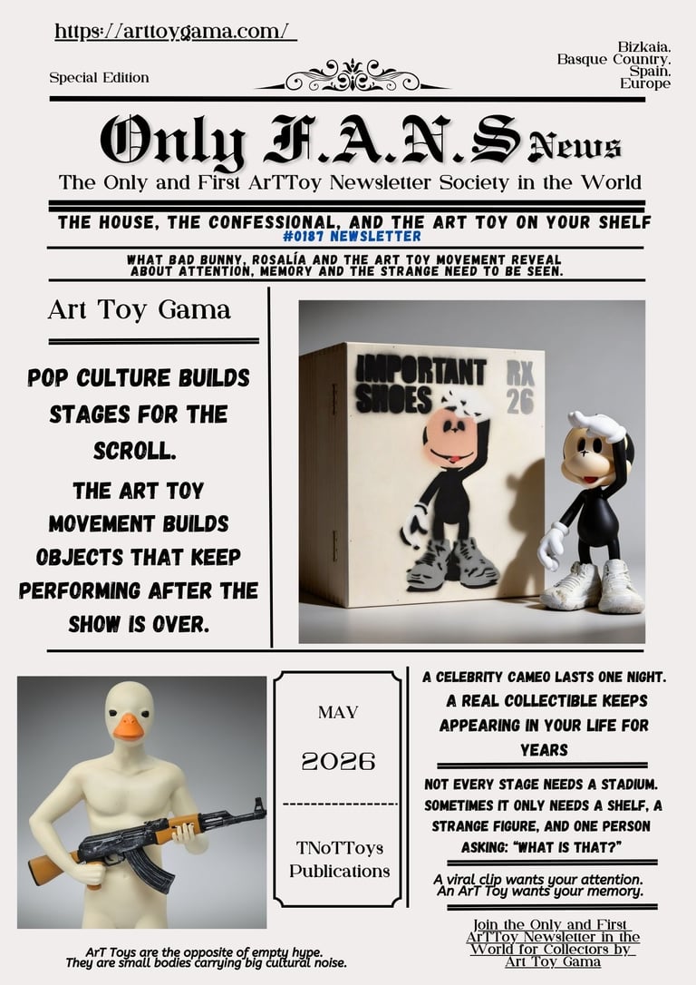 Only F.A.N.S. News art toy newsletter featuring a designer duck figure with a rifle and Mickey Mouse style characters.