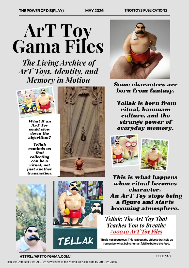 A magazine-style collage featuring the Tellak Art Toy, a mustache character inspired by Turkish hammam culture.
