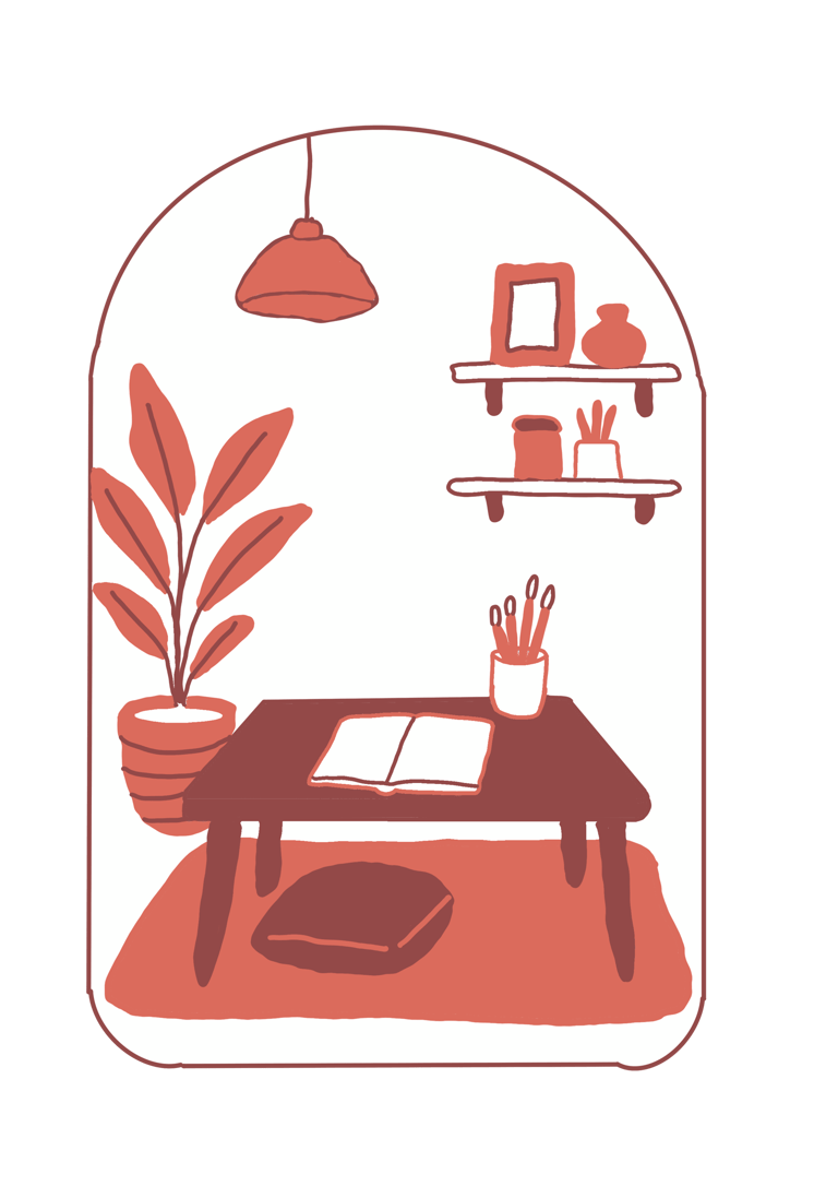 illustration d’un petit espace créatif avec table, carnet, plantes et étagères