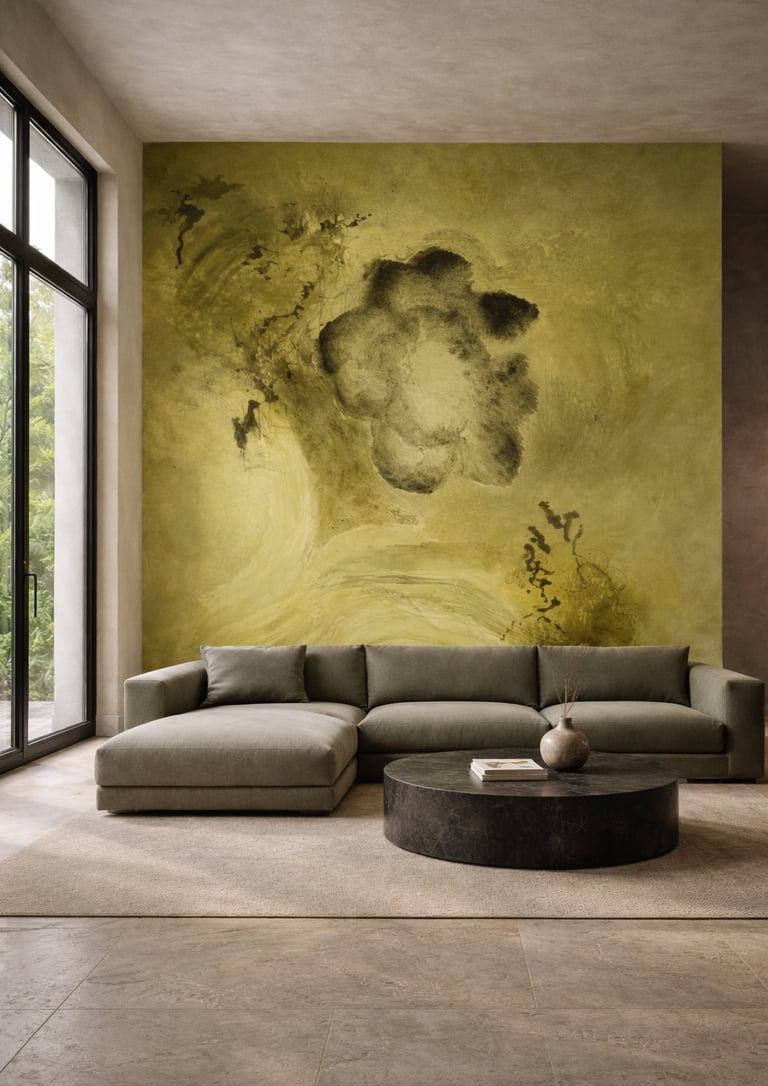 Fleure Noire Milan wallpaper mural shaping atmosphere in a contemporary living room