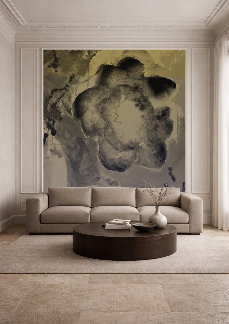 Bespoke wall covering mural integrated into a calm classical interior with neutral furnishings