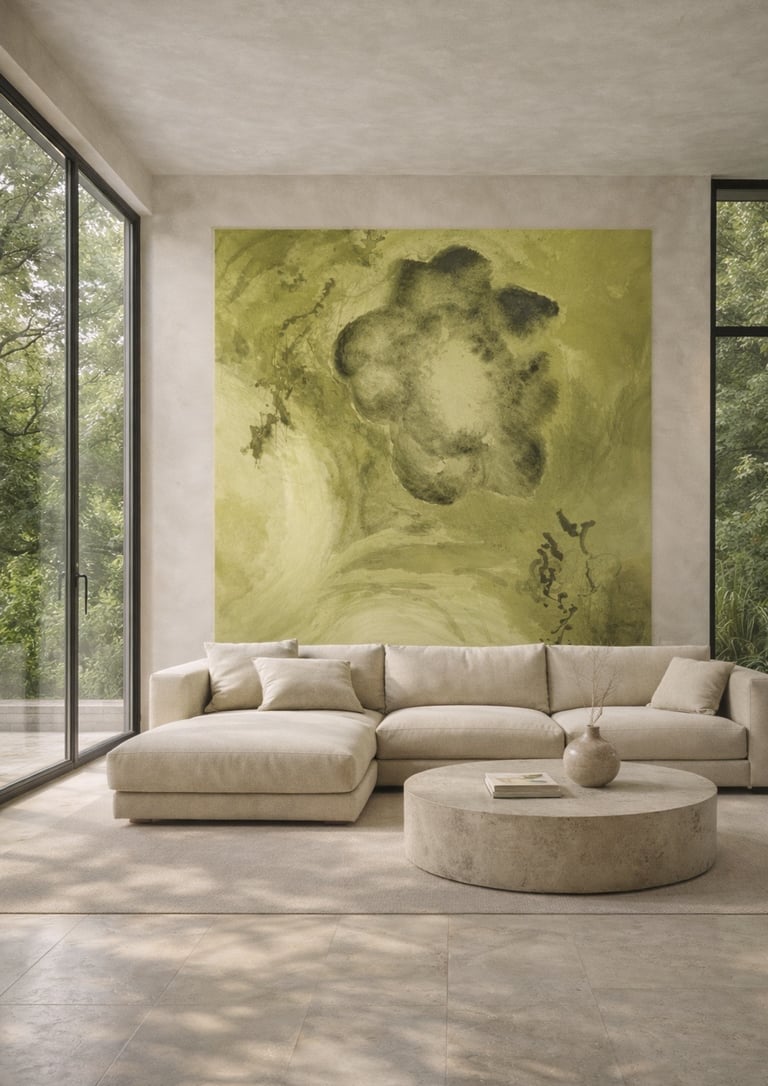 Wallpaper mural shaping interior atmosphere in a modern glass living room with soft daylight