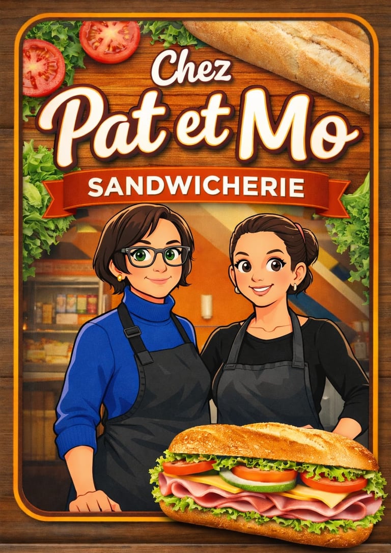 Enseigne illustrée pour Chez Pat et Mo Sandwicherie représentant deux femmes en tablier avec un sand