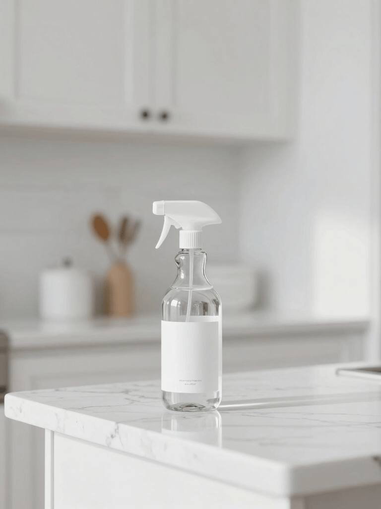 A minimalist white kitchen setting with a focus on a marble countertop and a glass bottle of cleaning spray. Bright and airy lighting, North American / US interior design, emphasizing clean lines and white space.