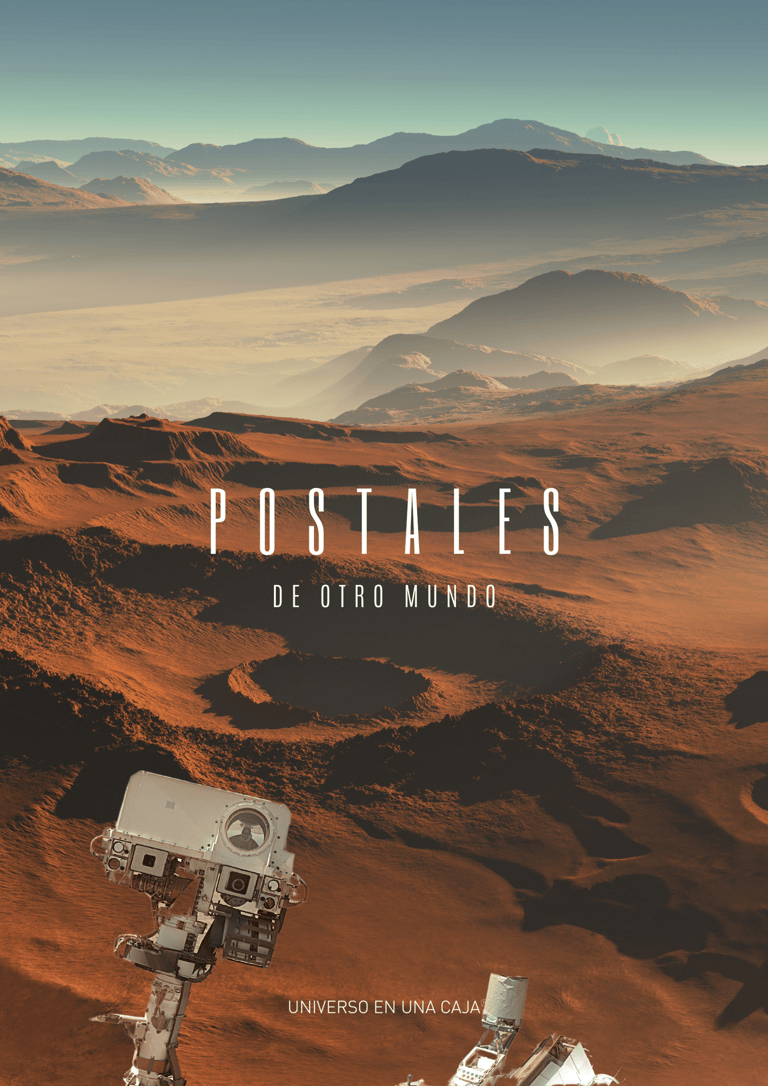 Un paisaje de Marte con el rover curiosity en primer plano. se lee "Postales de otro mundo"