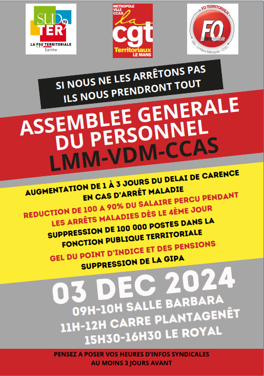  Image d'un tract pour les assemblées générales du 3 décembre 2024, représentant un robot composé de divers métiers, avec les
