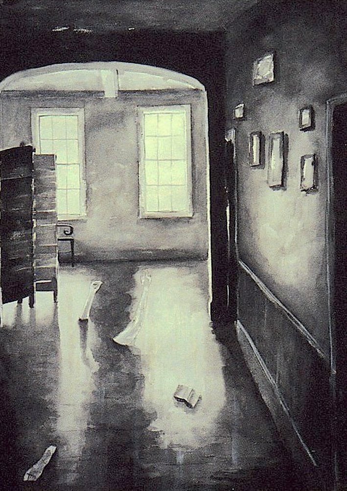 painting of a room with person drowning 