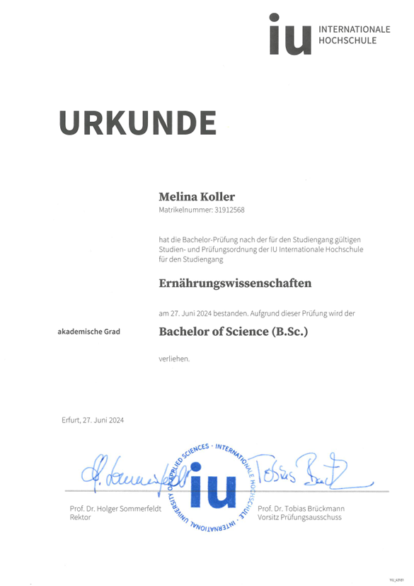 IU International University Bachelor of Science degree certificate for Nutritional Sciences.