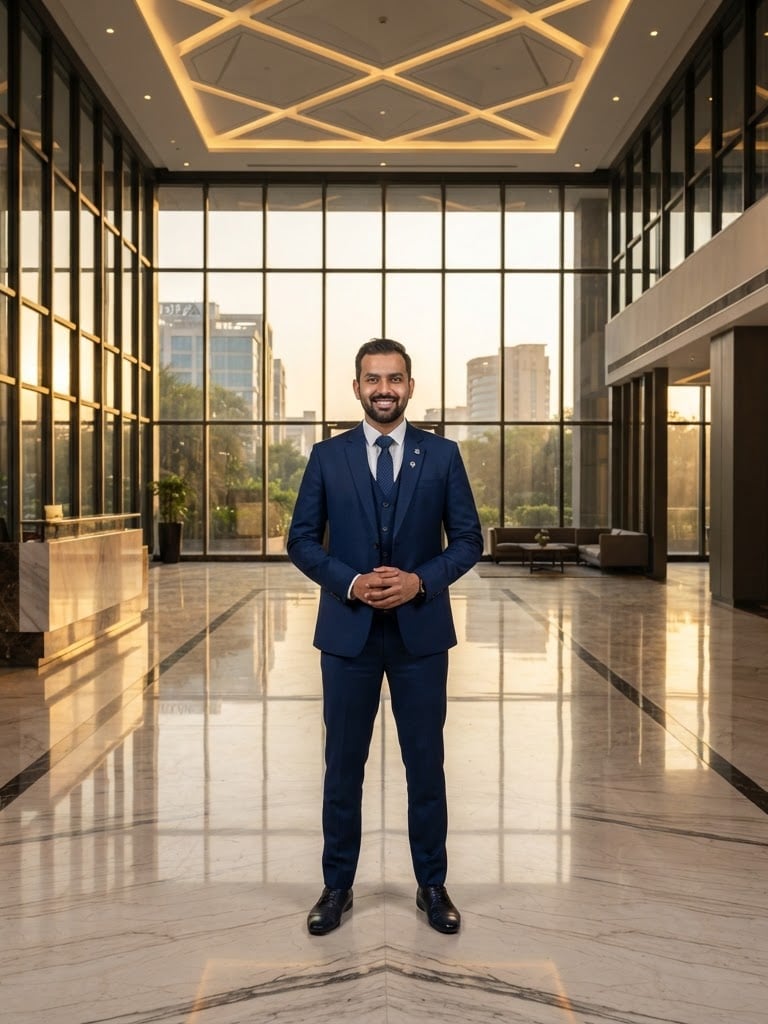 Symmetrical architectural portrait of a professional real estate advisor in a navy blue suit, standing in a modern glass-walled Gurugram office lobby, warm golden hour light reflecting on polished marble floors.
