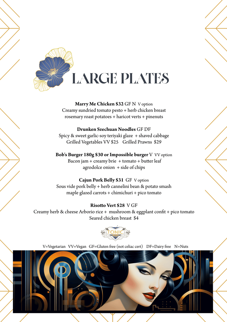 Dinner & Lunch Menue for Tonic Bar & Bistro in Martinborough Wairarapa