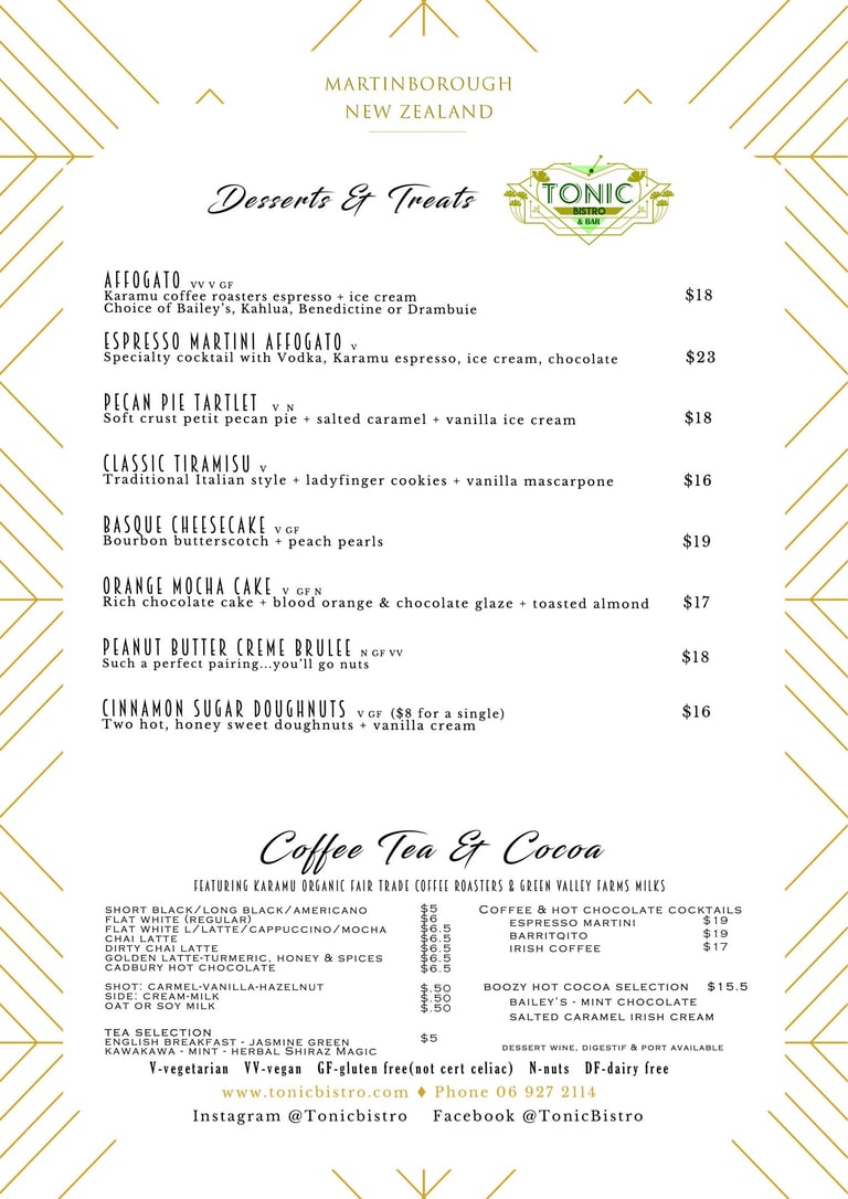 Tonic Bar & Bistro dessert menu