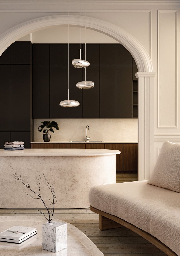 salon avec lustre chromé minimaliste et tendance marbre et bois