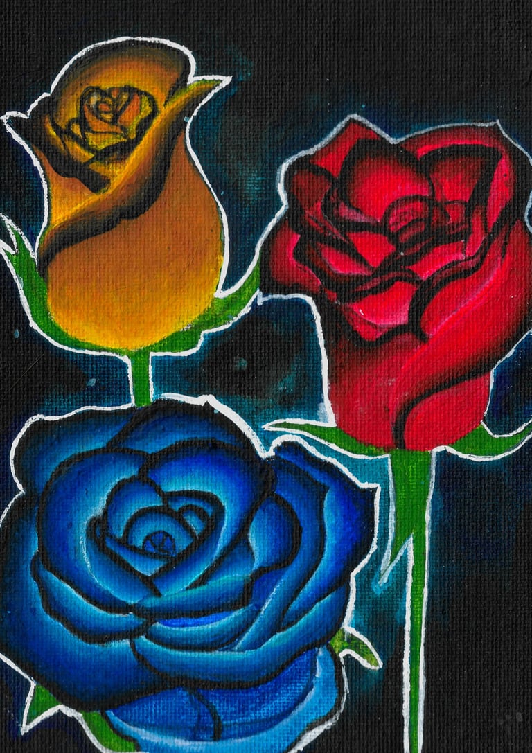 red, blue, yellow, roses against black background. High Contrast.