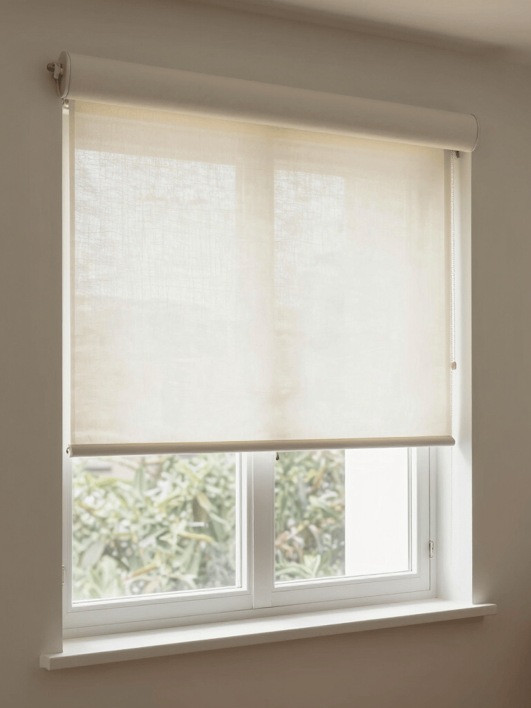 Close-up of elegant roller shades softly filtering sunlight in a modern living room.