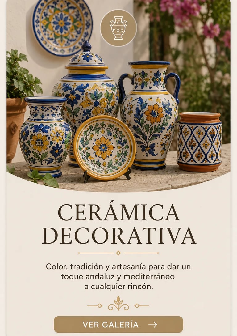 Hand-painted Spanish ceramic pottery with blue and yellow floral designs for Mediterranean home decor.