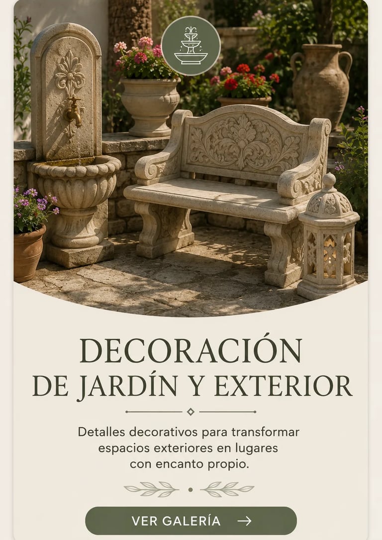 Elegant stone garden bench and wall fountain with ornate carvings in a Mediterranean patio setting.