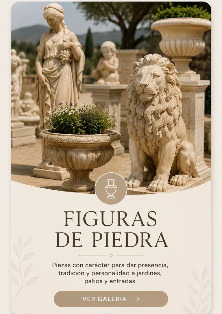 Classical garden stone statues including a lion, a maiden, and an ornate planter with flowers.