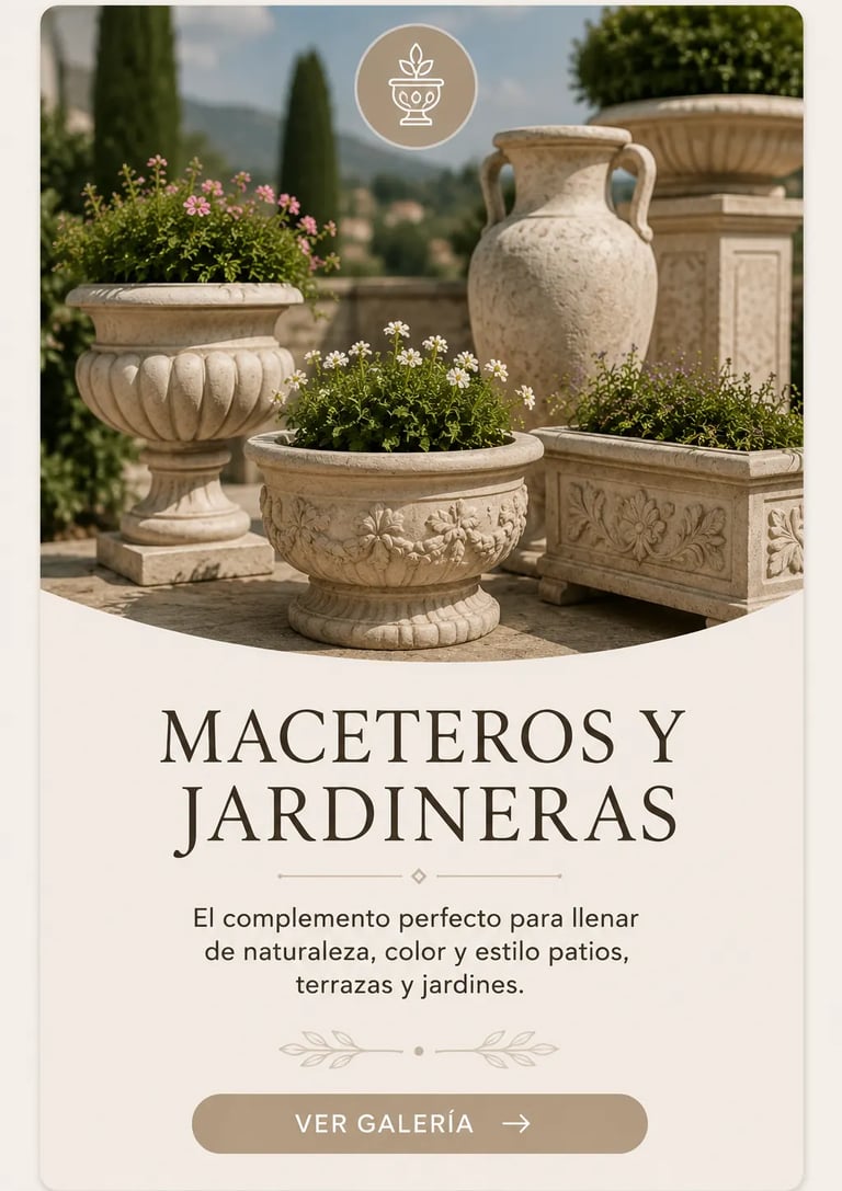 Elegant stone garden planters and floral window boxes for luxury outdoor patio decor.