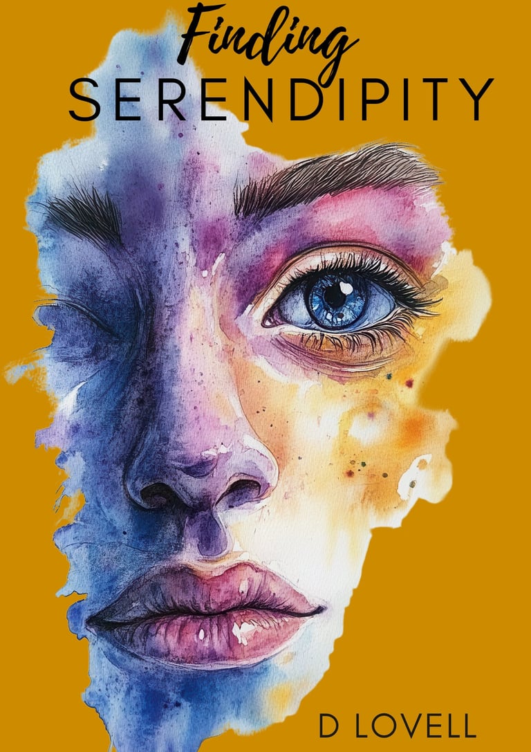 Watercolor book cover for Finding Serendipity by D Lovell featuring a woman's face in artistic blue and purple paint.
