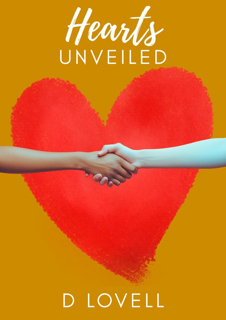 Book cover for Hearts Unveiled by D Lovell featuring a handshake over a large red heart.