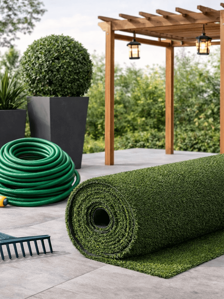 área externa: grama sintética, mangueira de jardim, vasos de plantas, plantas, rastelo, pergolado