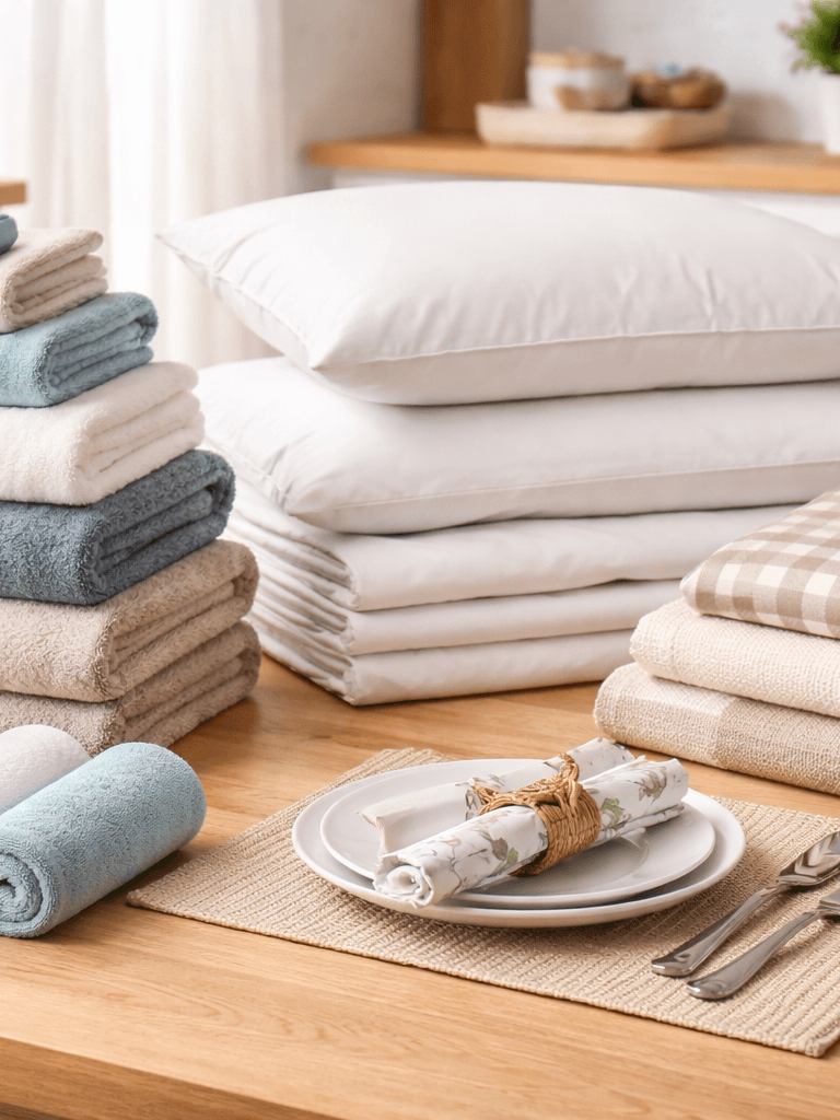 Cama, mesa e banho: travesseiros, almofadas, toalhas, lençóis, jogo americano,  cobertor,  lenços