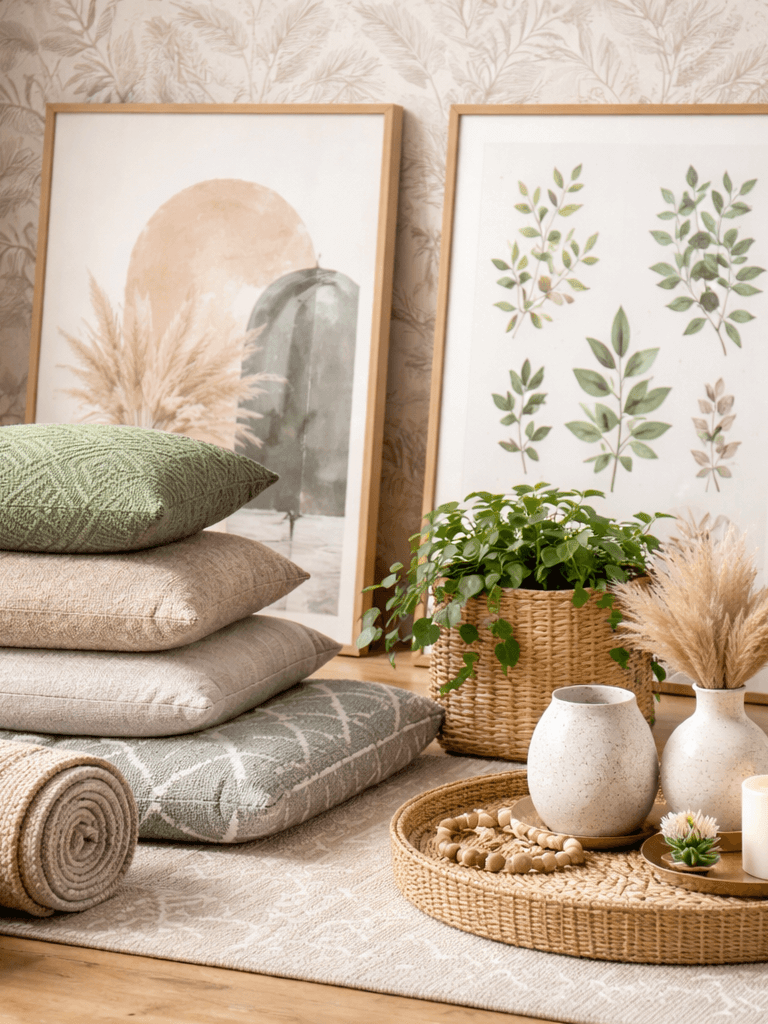 Decoração: quadros, cortinas, papel de parede, almofadas, vasos de plantas, plantas, abajur, lustre