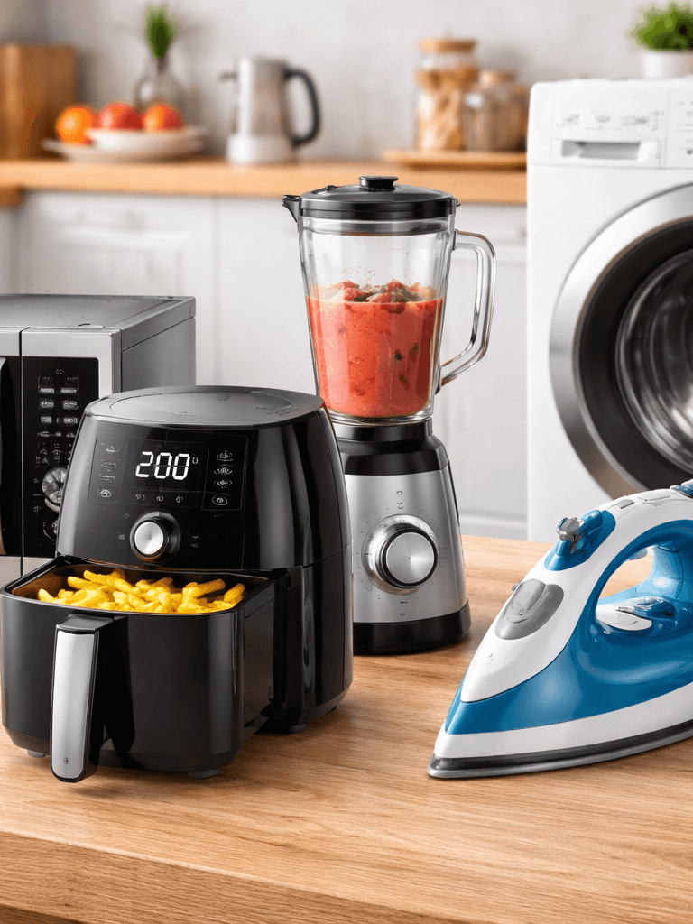 Eletrodomésticos: Micro-ondas, lavadora de roupas, airfryer, liquidificador, mixer, geladeira, fogão