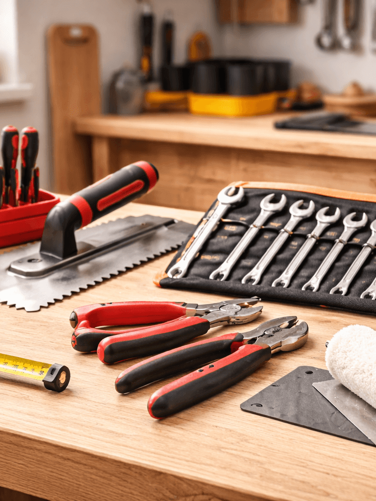 Ferramentas manuais: Kit chaves boca, kit chaves pito, alicate, rolo de pintura, desempenadeira