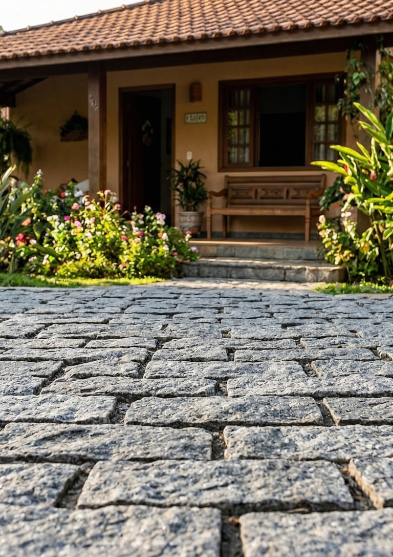 Pedra miracema cinza 11,5x23 assentada no chão da calçada e garagem passeio area externa 