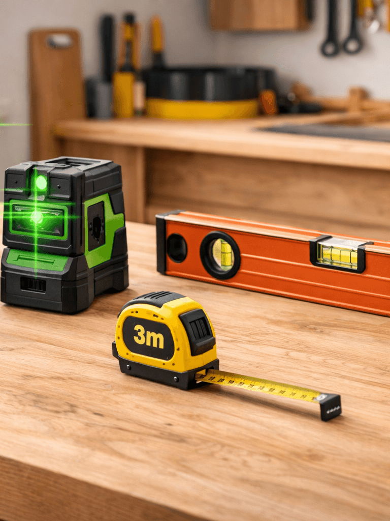 Medição e nível: nível a laser, nível de mão, trena a laser, trena de fita, prumo, régua